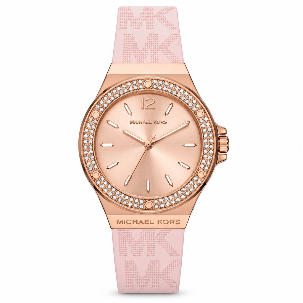 Michael Kors Rose Gold Crystal Embellished Logo Silicone Watch