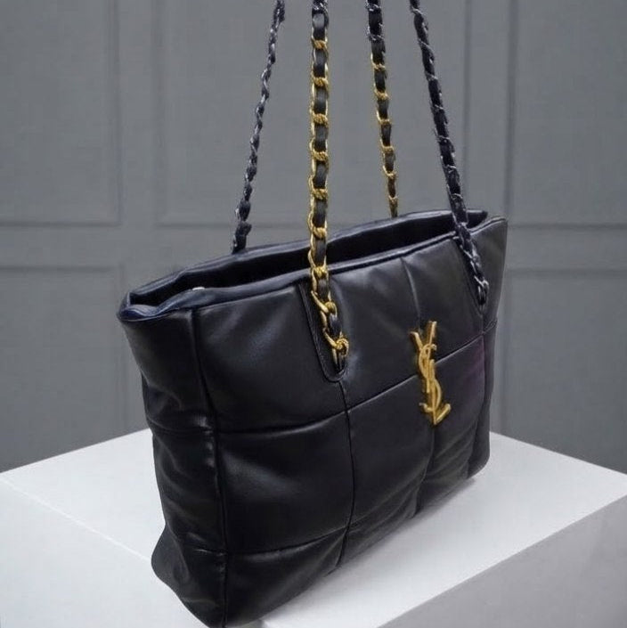 Black Quilted Shoulder Bag with Two Tone Chain Strap