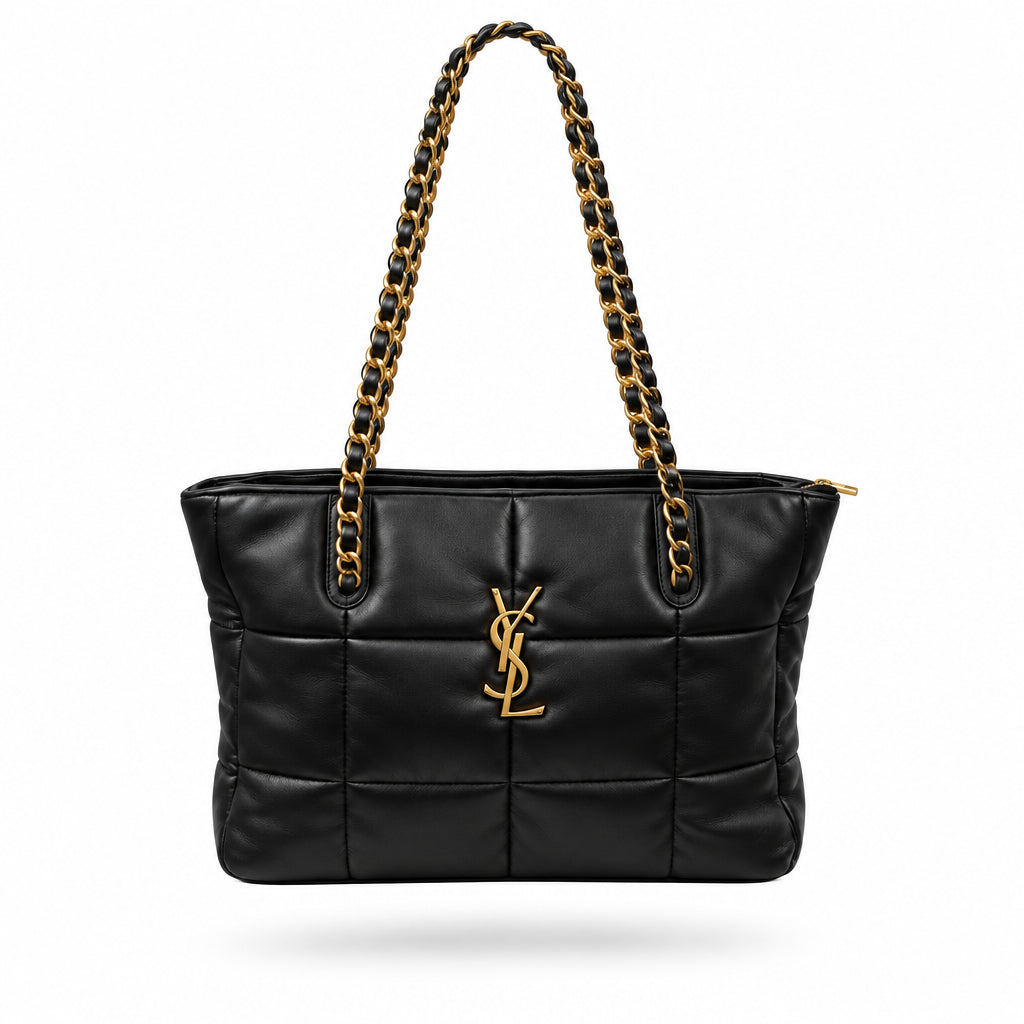 Black Quilted Shoulder Bag with Two Tone Chain Strap