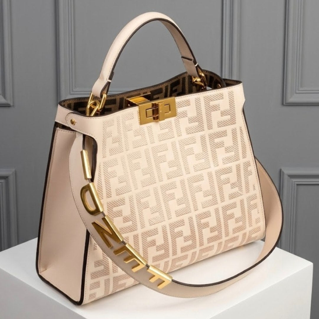 Fendi Beige Monogram Logo Chain Handbag