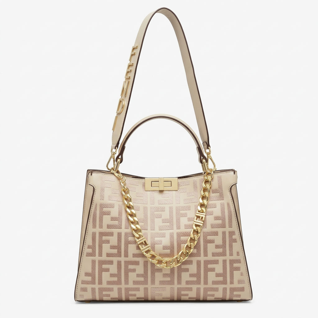 Fendi Beige Monogram Logo Chain Handbag