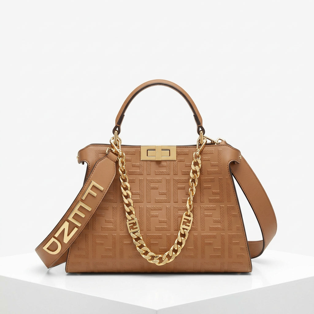 Fendi Beige Monogram Logo Chain Handbag