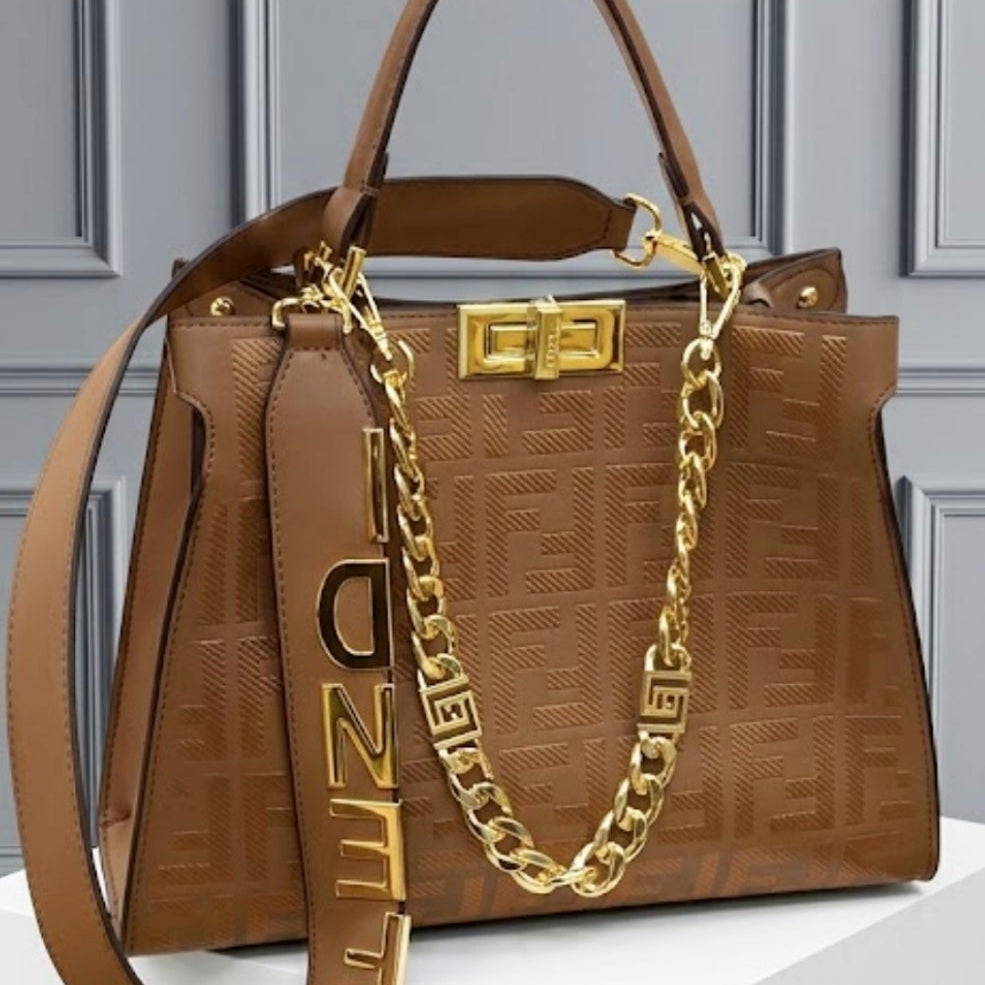 Fendi Beige Monogram Logo Chain Handbag