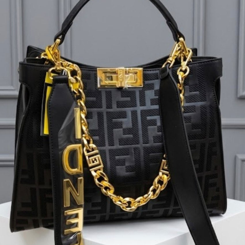 Fendi Beige Monogram Logo Chain Handbag
