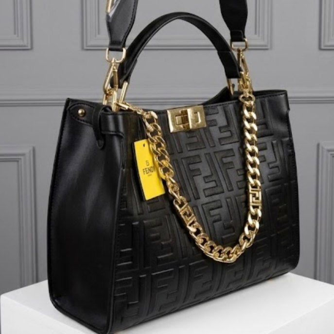 Fendi Beige Monogram Logo Chain Handbag