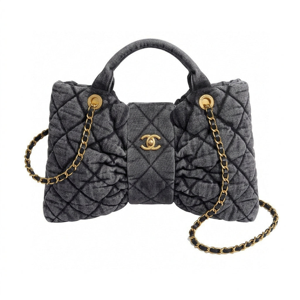 Chanel 25K Denim Quilted Bow Handbag