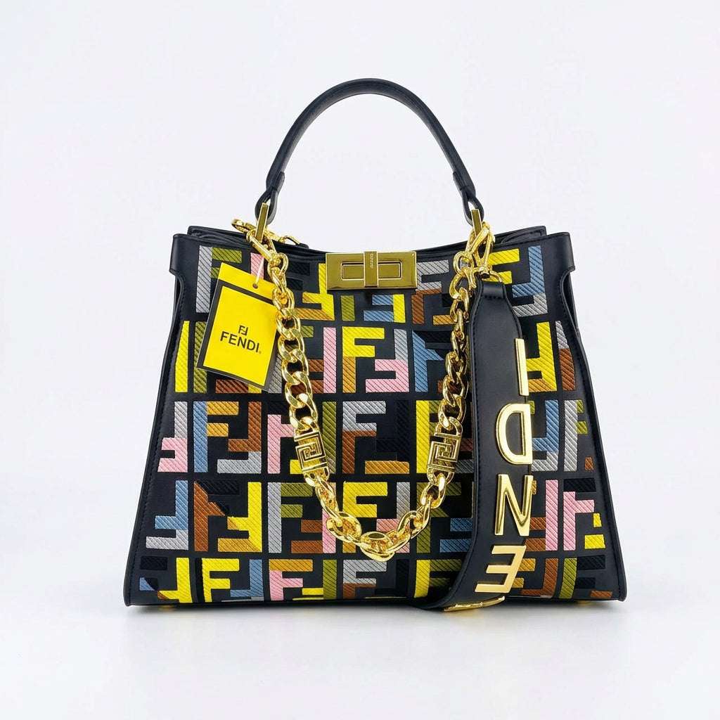 Multicolor Monogram Structured Handbag with Gold Chain Strap
