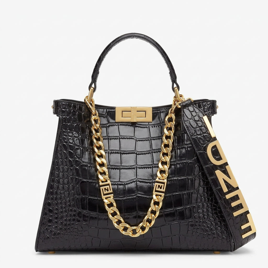 Fendi Black Crocodile Embossed Leather Bag with Gold Chain