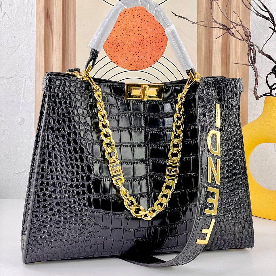 Fendi Black Crocodile Embossed Leather Bag with Gold Chain