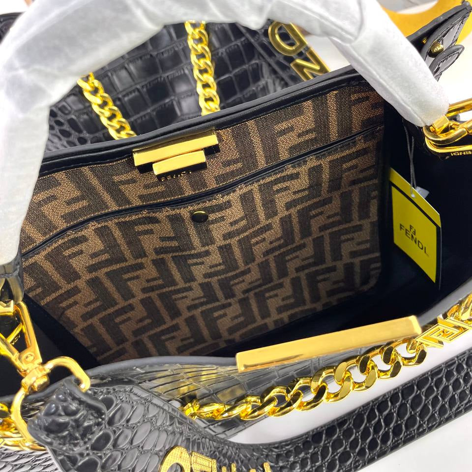 Fendi Black Crocodile Embossed Leather Bag with Gold Chain