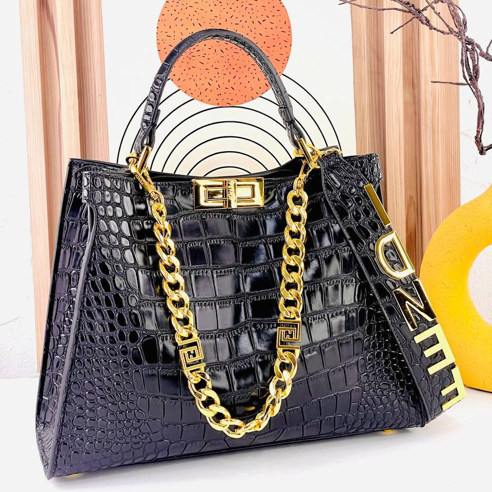 Fendi Black Crocodile Embossed Leather Bag with Gold Chain