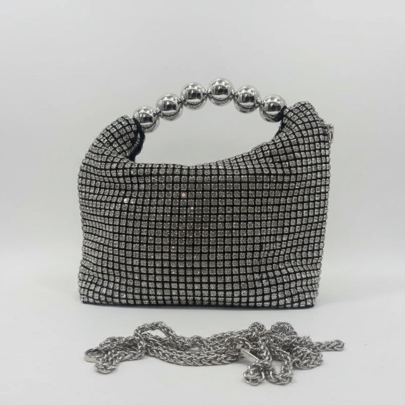 Rhinestone Crystal Mini Bag with Silver and black Bead Handle & Chain Strap 💎✨👜