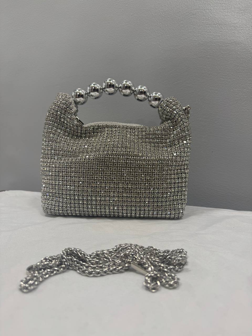 Rhinestone Crystal Mini Bag with Silver and black Bead Handle & Chain Strap 💎✨👜