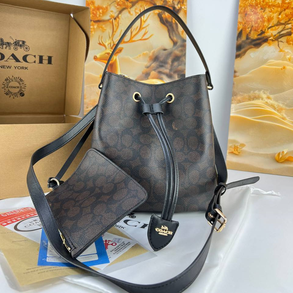 Coach Signature Monogram Bucket Bag with Matching Pouch 👜✨