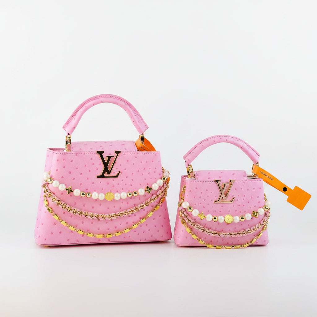 Pink Ostrich Texture Handbag with Pearl & Gold Chain Detail 🌸👜