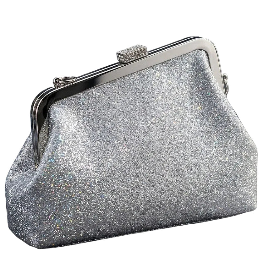 Silver Glitter Evening Clutch with Metallic Frame Closure ✨👜