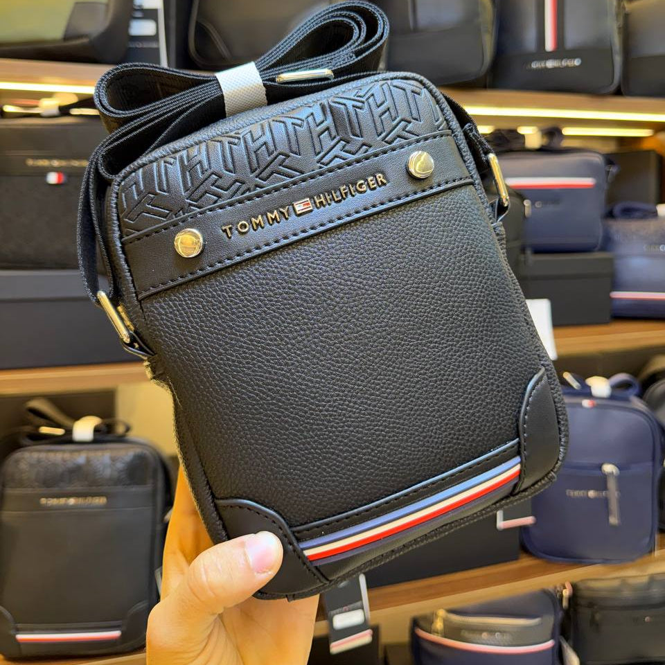 Tommy Hilfiger Textured Black Crossbody Bag with Signature Stripe 👜