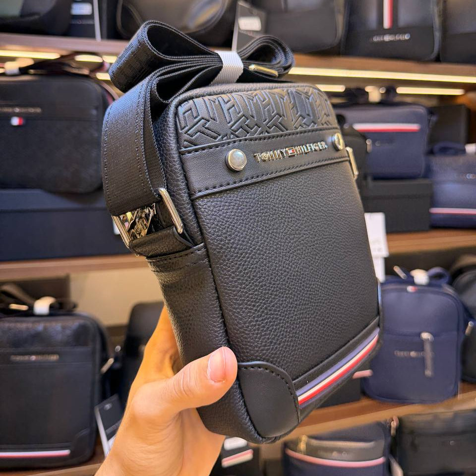 Tommy Hilfiger Textured Black Crossbody Bag with Signature Stripe 👜