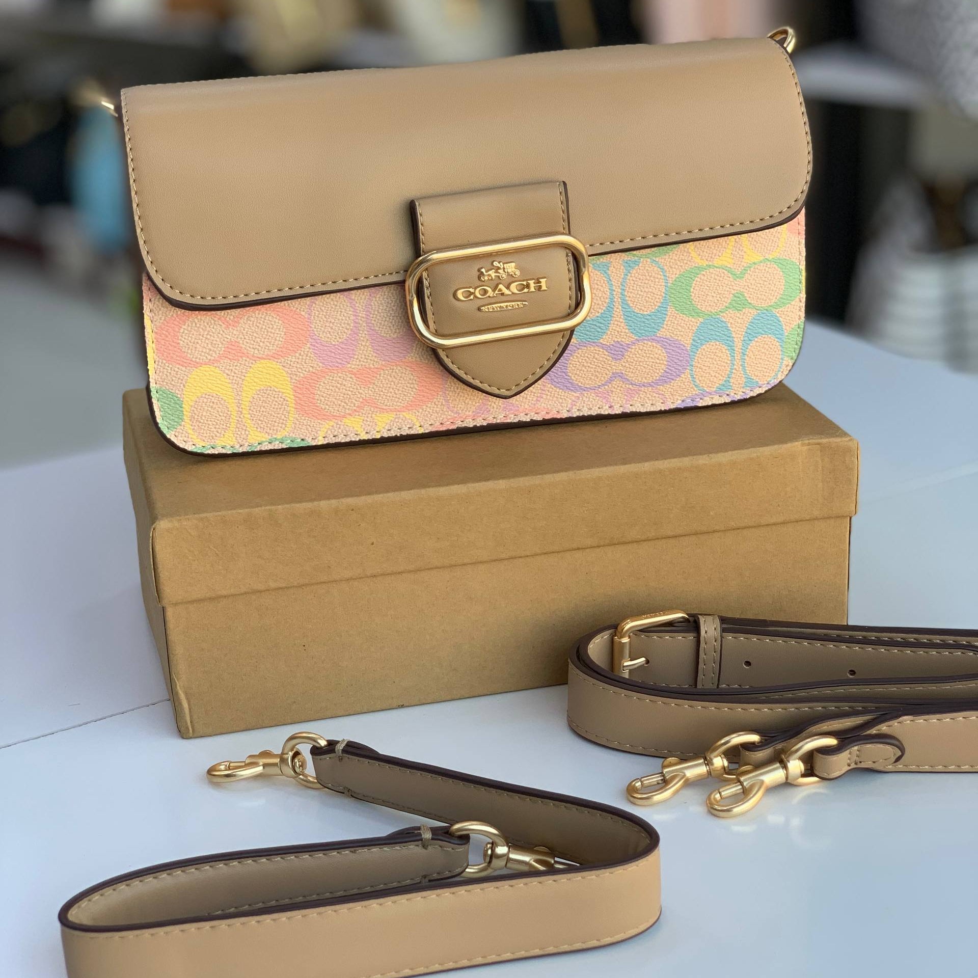 Coach Signature Multi-Color Shoulder Bag with Beige Flap 👜✨