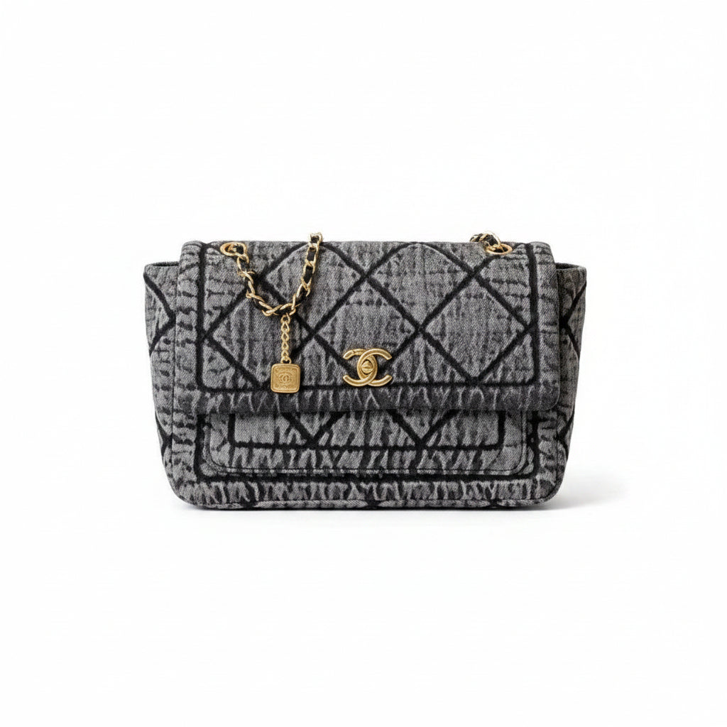 Chanel Quilted Denim Flap Bag with Gold Tone Chain