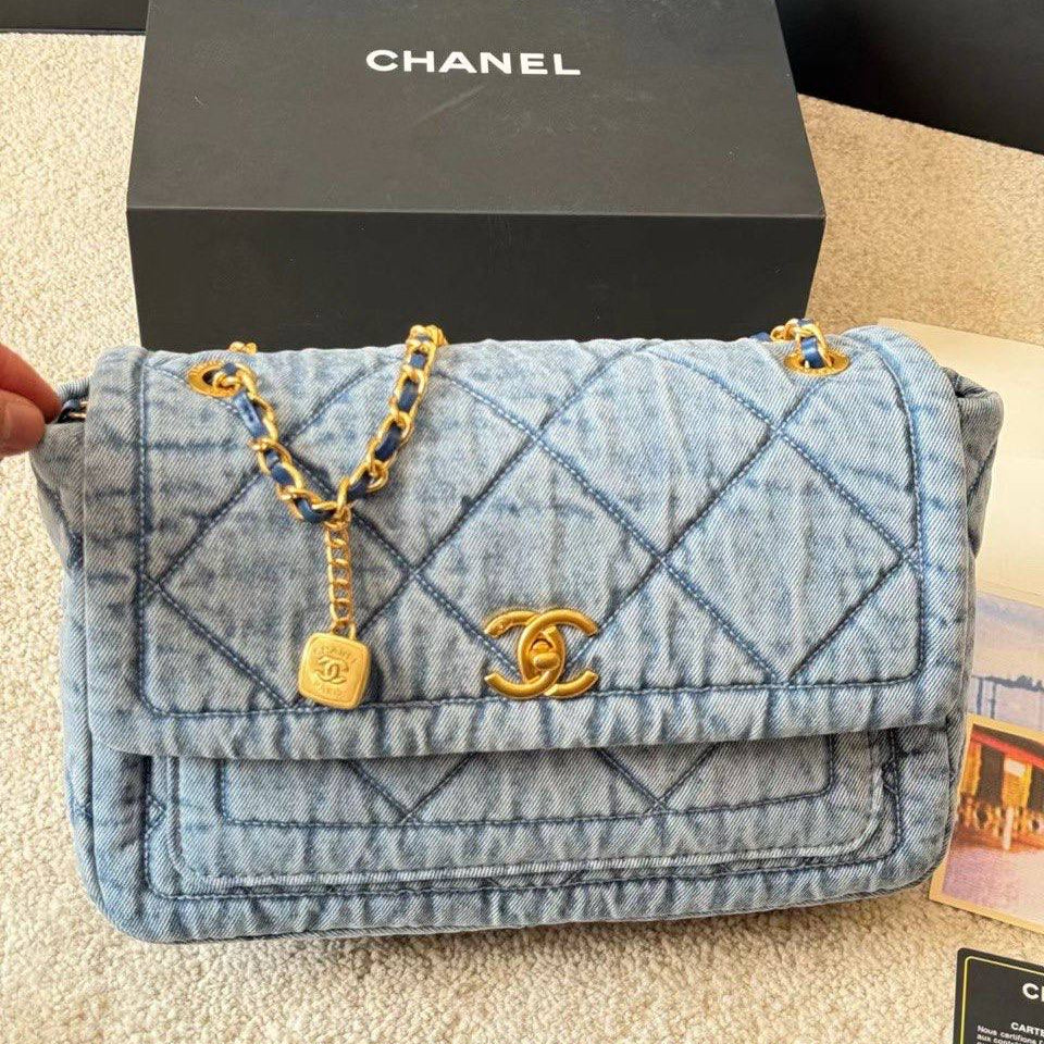 Chanel Quilted Denim Flap Bag with Gold Tone Chain
