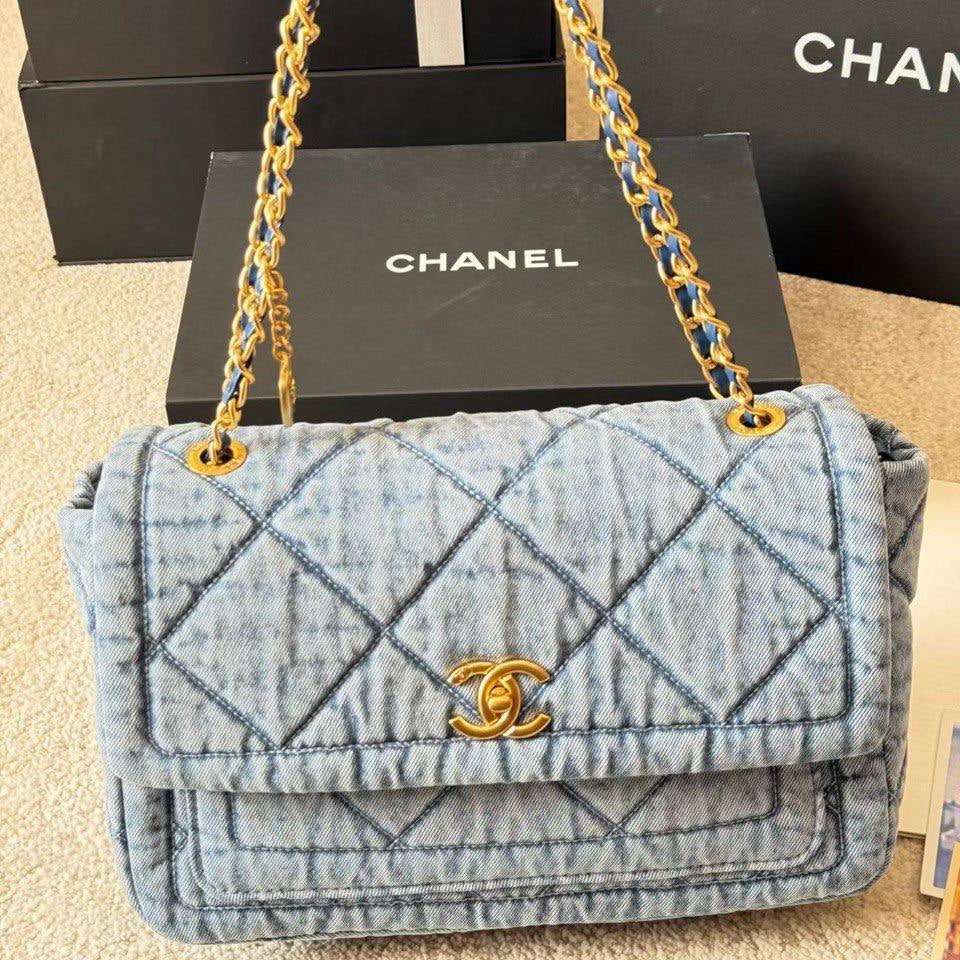 Chanel Quilted Denim Flap Bag with Gold Tone Chain