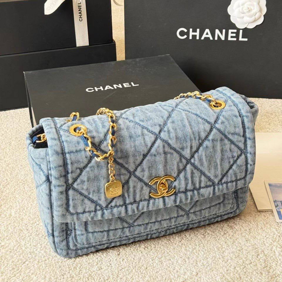 Chanel Quilted Denim Flap Bag with Gold Tone Chain