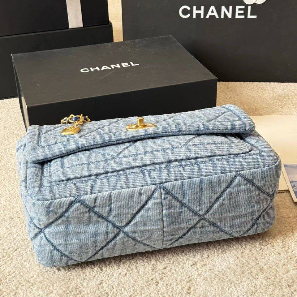 Chanel Quilted Denim Flap Bag with Gold Tone Chain