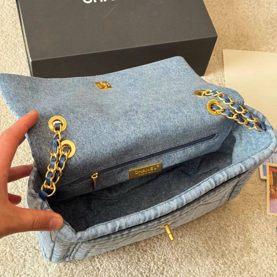Chanel Quilted Denim Flap Bag with Gold Tone Chain