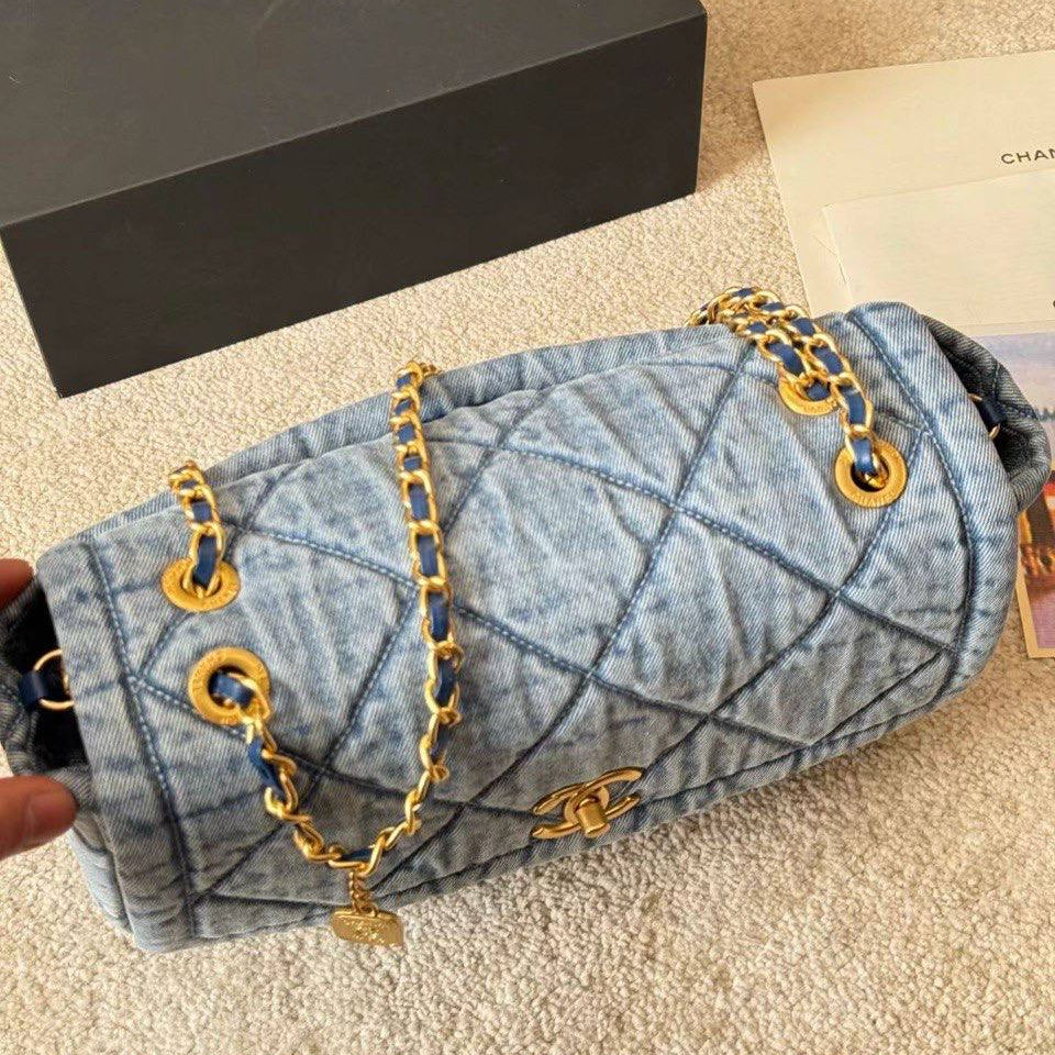 Chanel Quilted Denim Flap Bag with Gold Tone Chain