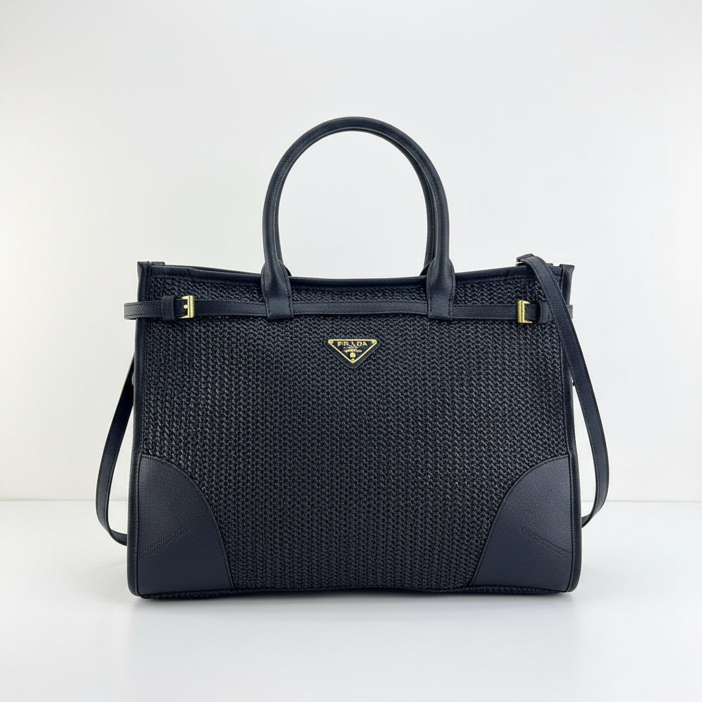 Prada Woven Texture Tote with Signature Logo Plaque