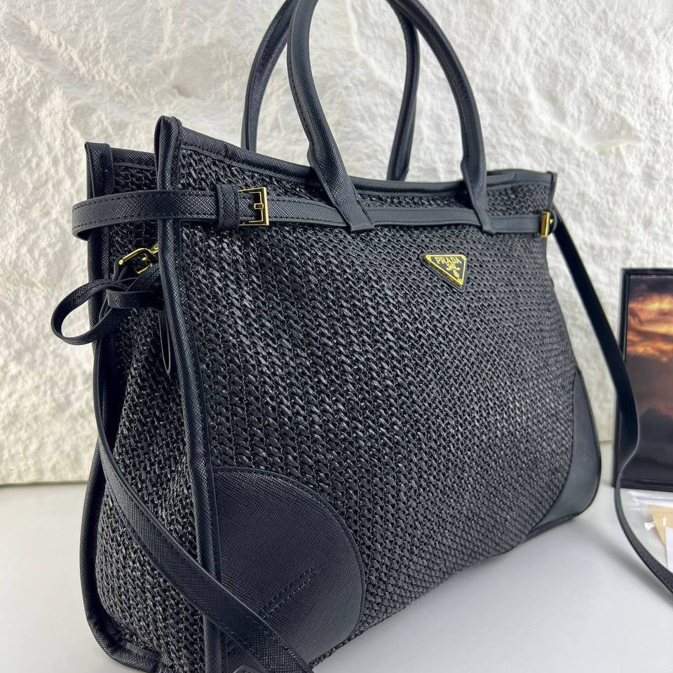 Prada Woven Texture Tote with Signature Logo Plaque