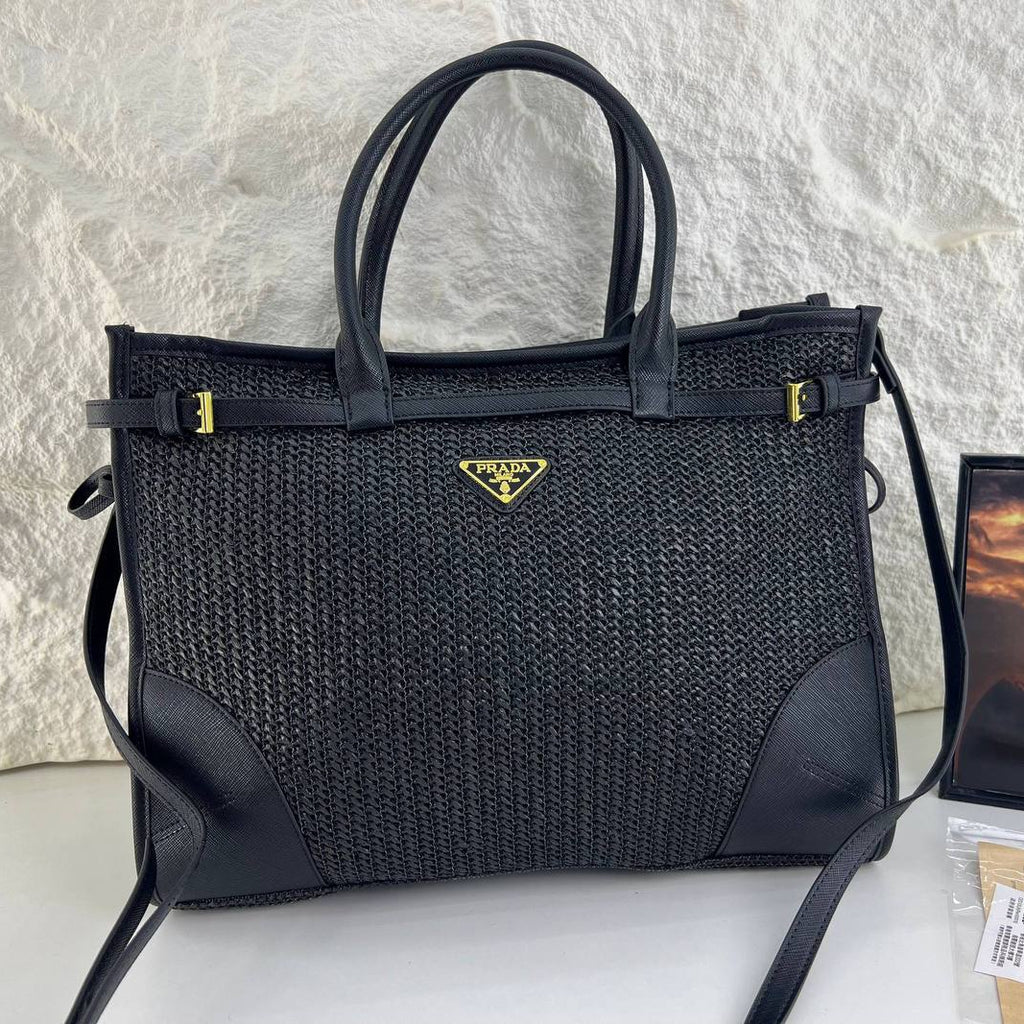 Prada Woven Texture Tote with Signature Logo Plaque