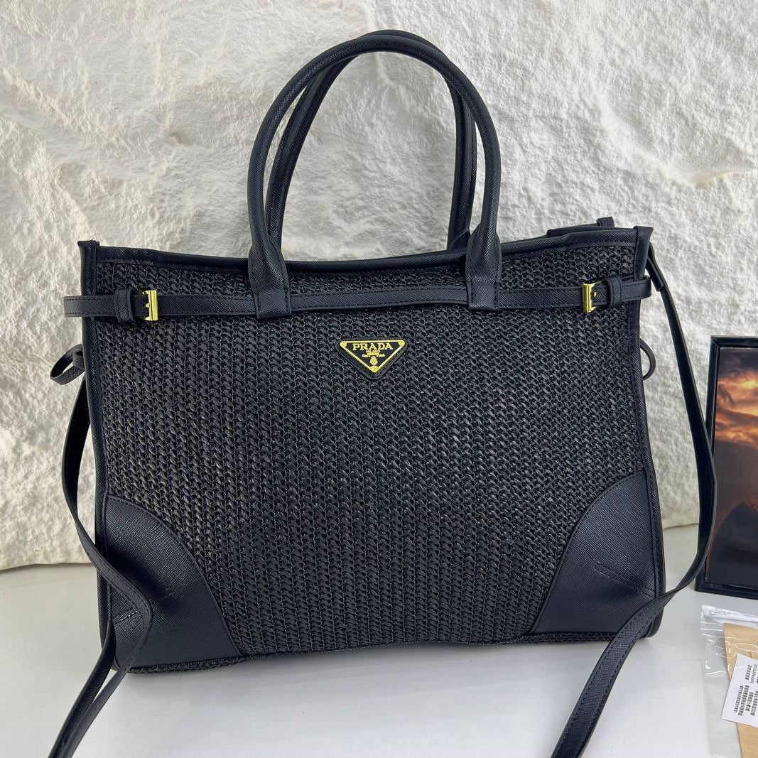 Prada Woven Texture Tote with Signature Logo Plaque