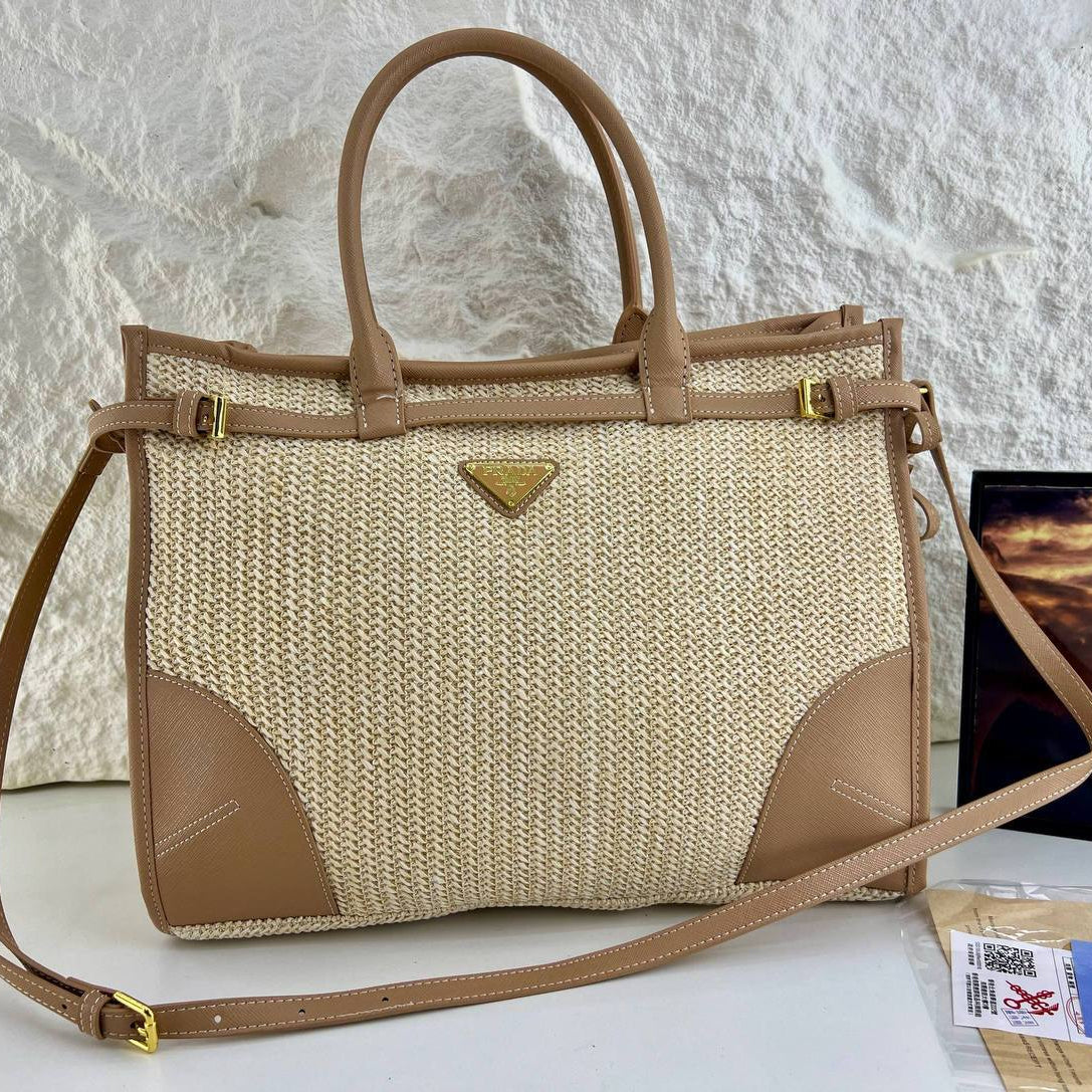 Prada Woven Texture Tote with Signature Logo Plaque