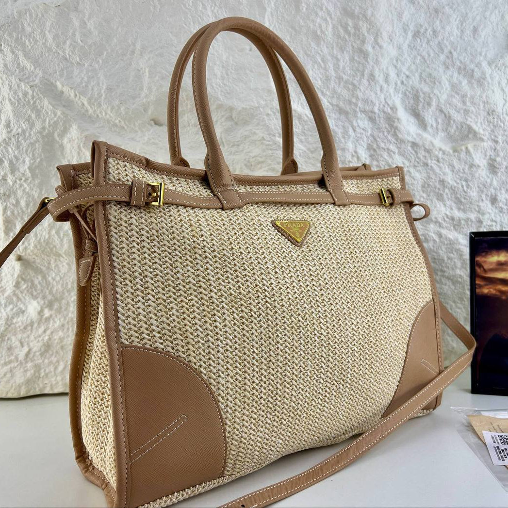Prada Woven Texture Tote with Signature Logo Plaque