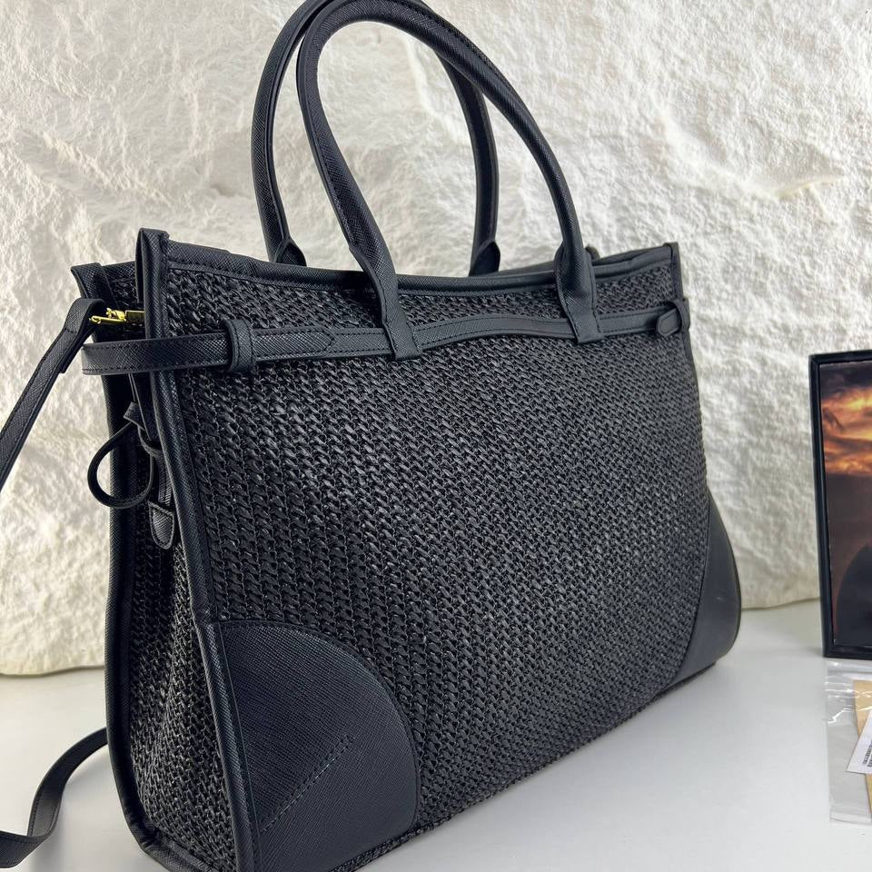 Prada Woven Texture Tote with Signature Logo Plaque