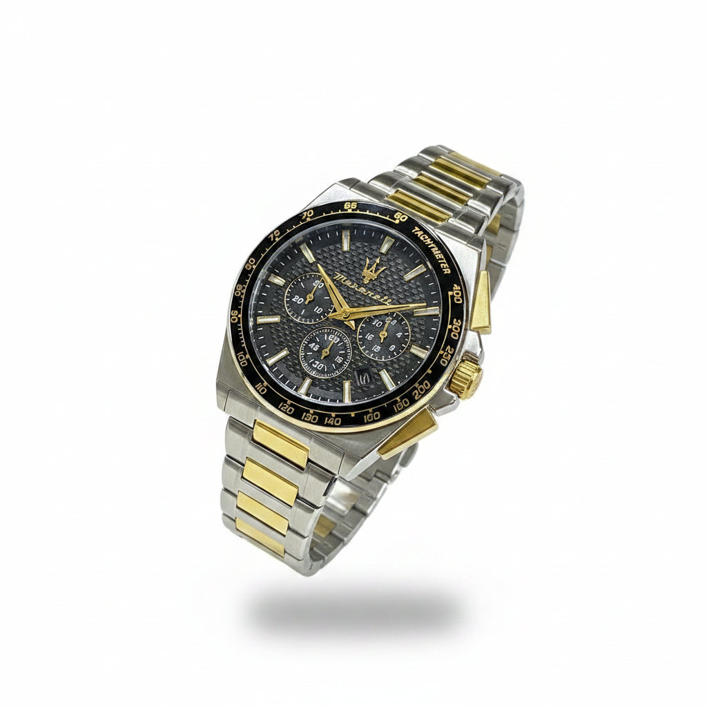 Maserati Chronograph Black Dial Gold Accent Steel Watch