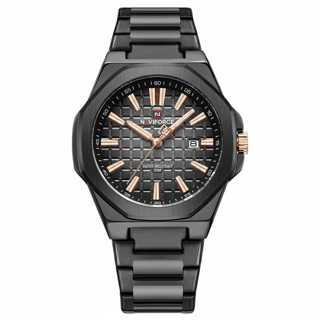 NAVIFORCE Textured Dial Black Stainless Steel Rose Gold Accent Watch