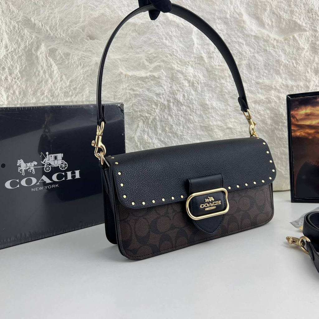 Coach Signature Monogram Shoulder Bag with Studded Detail