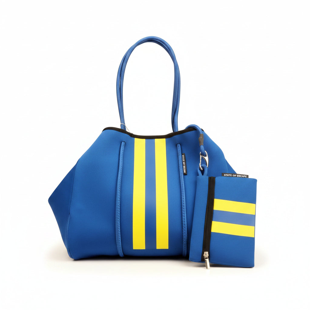 State of Escape Neoprene Tote Bag in Vibrant Blue and Yellow