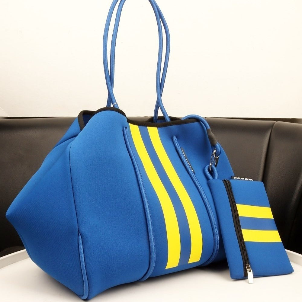 State of Escape Neoprene Tote Bag in Vibrant Blue and Yellow