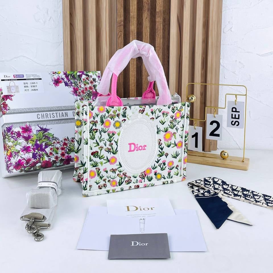 Dior Floral Canvas Tote Bag with Shoulder Strap