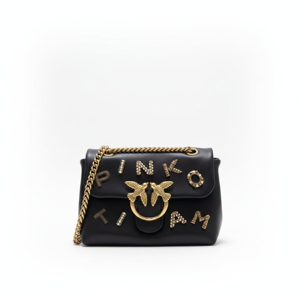Pinko Embellished Lettering Shoulder Bag with Bird Logo Hardware