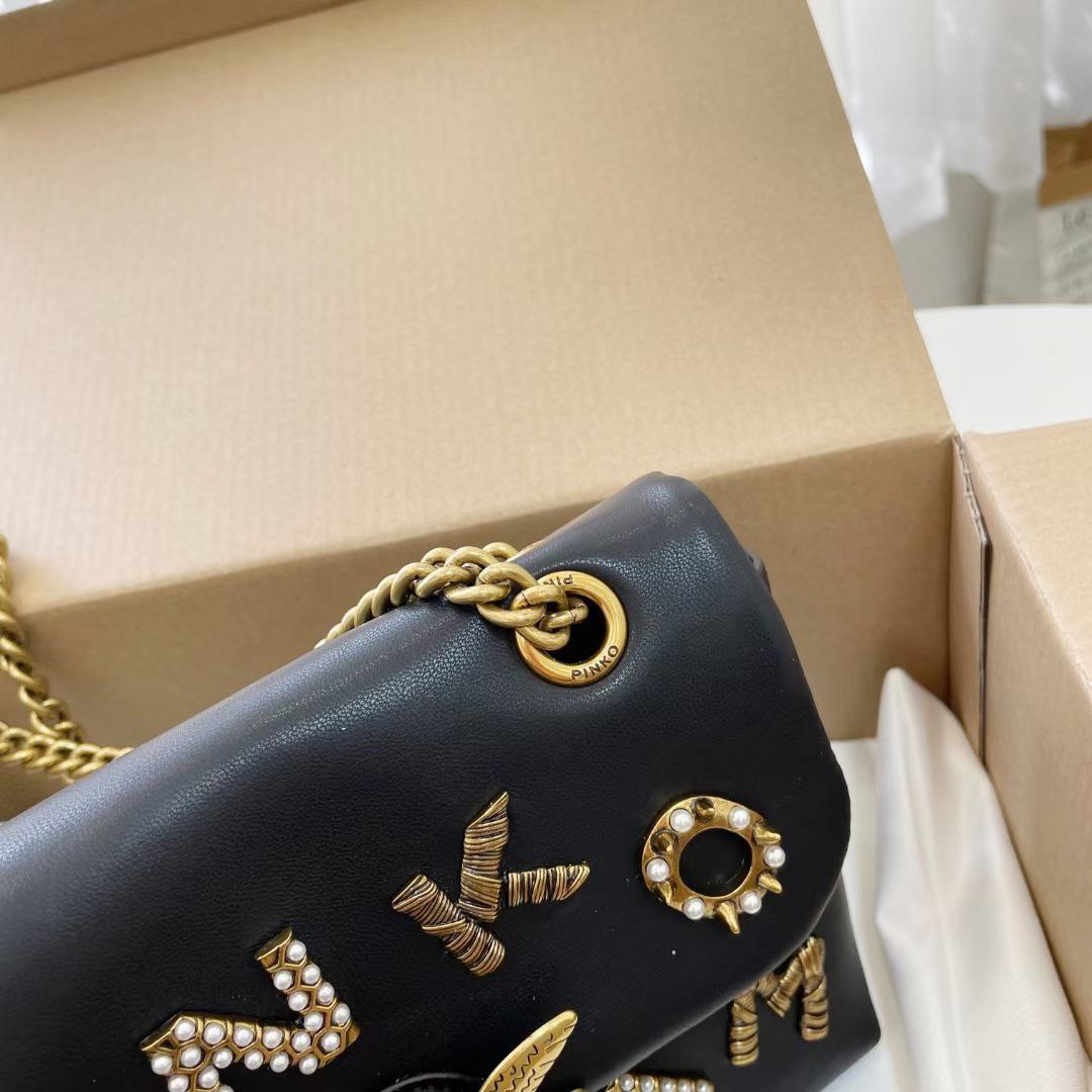 Pinko Embellished Lettering Shoulder Bag with Bird Logo Hardware