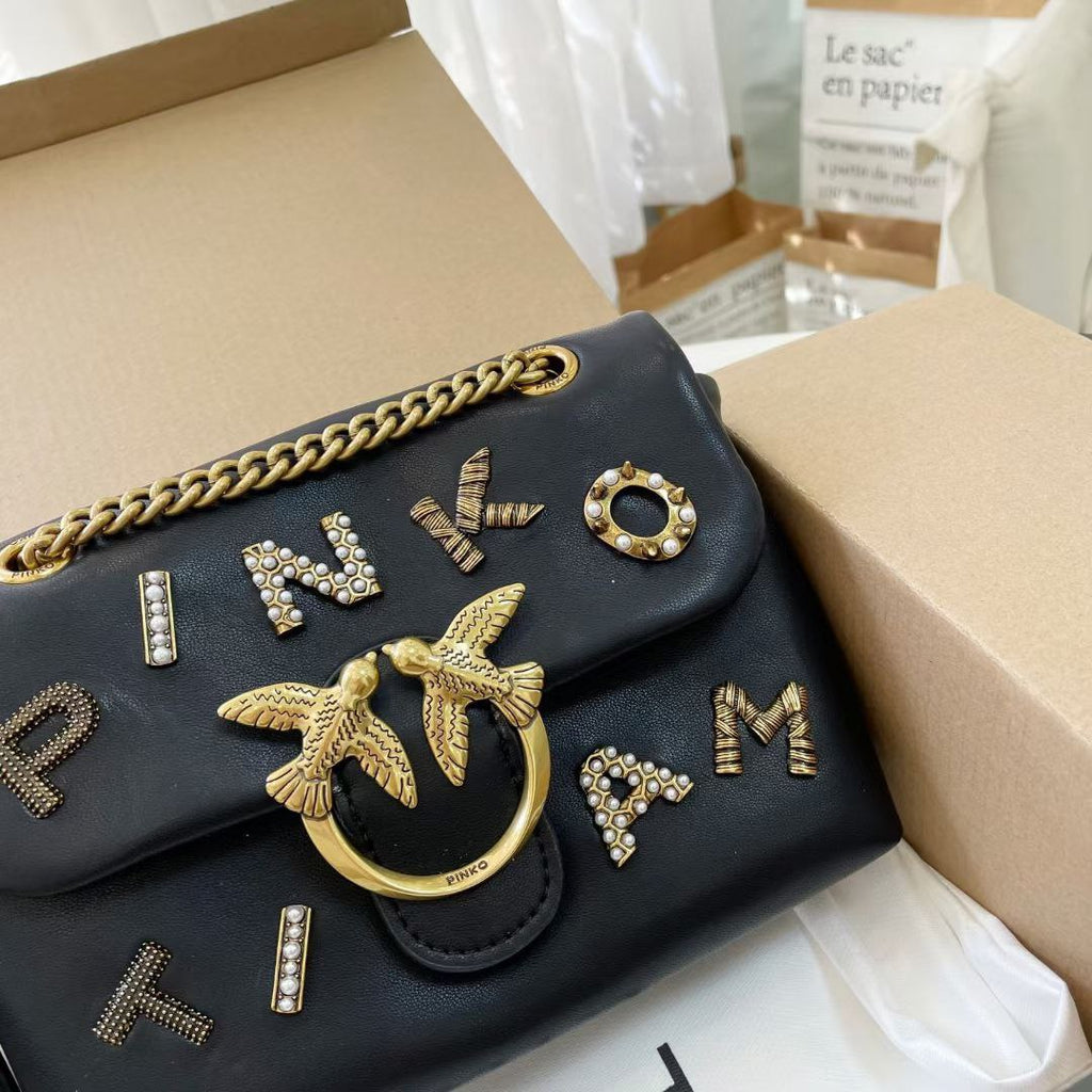 Pinko Embellished Lettering Shoulder Bag with Bird Logo Hardware