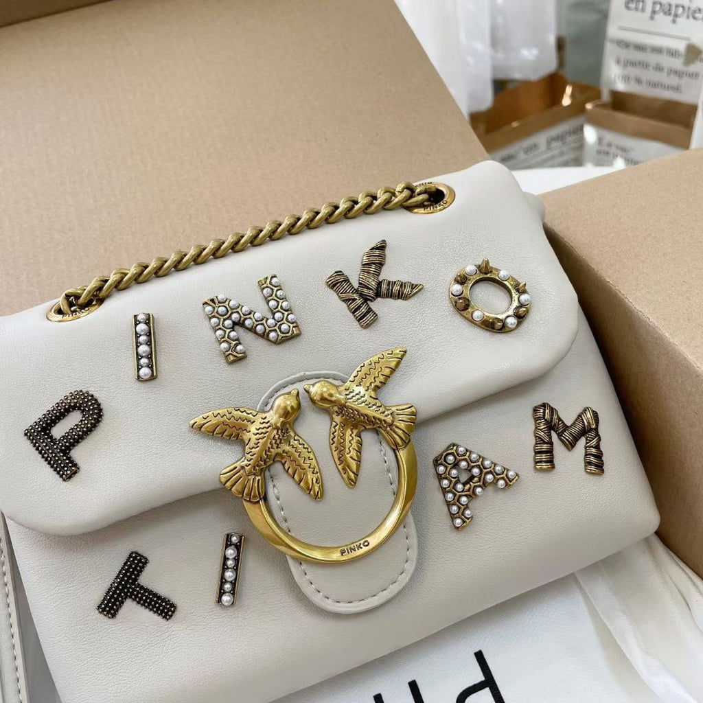 Pinko Embellished Lettering Shoulder Bag with Bird Logo Hardware