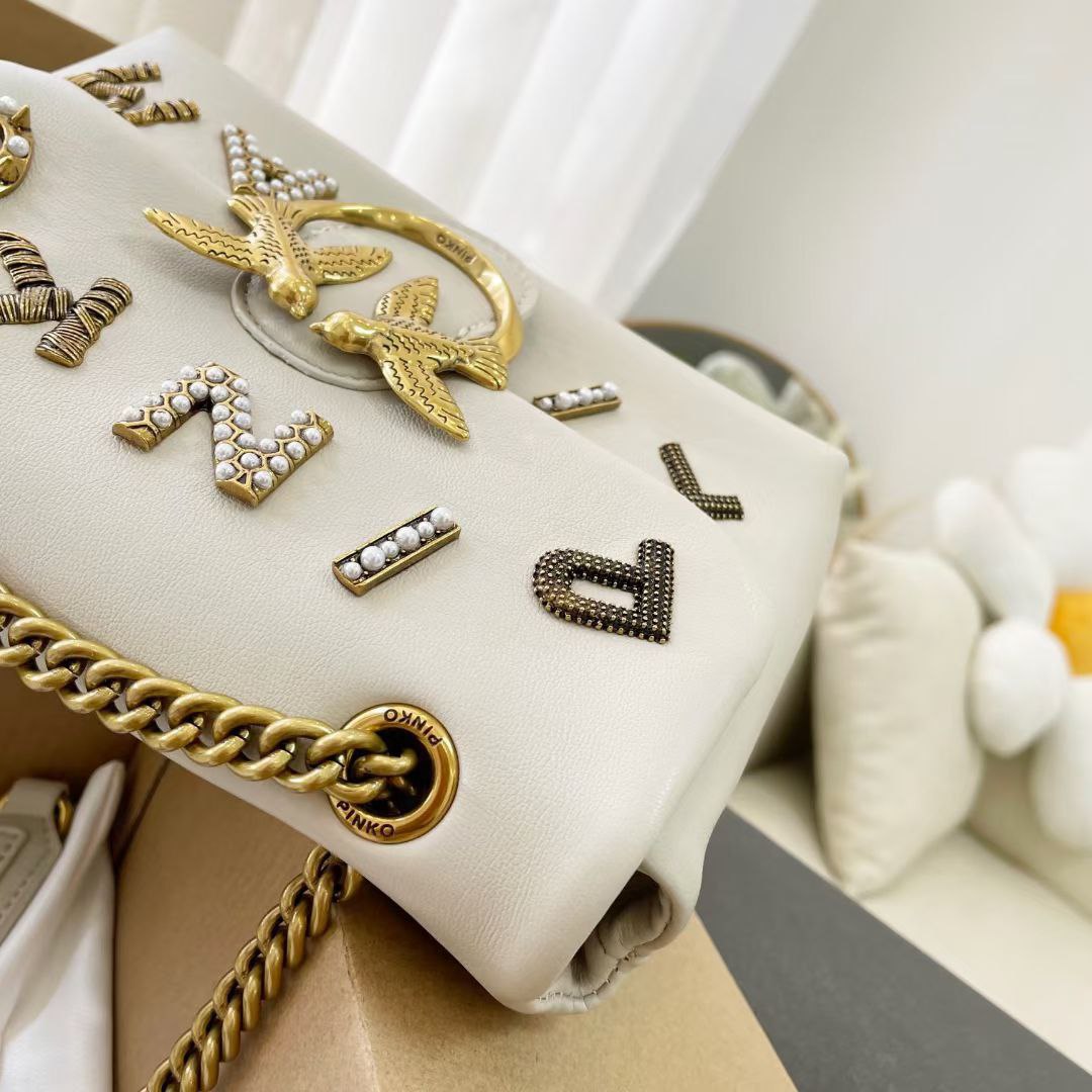 Pinko Embellished Lettering Shoulder Bag with Bird Logo Hardware