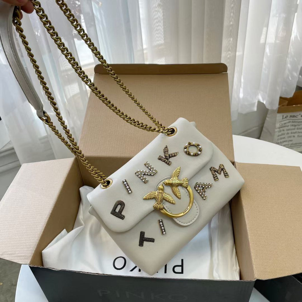 Pinko Embellished Lettering Shoulder Bag with Bird Logo Hardware