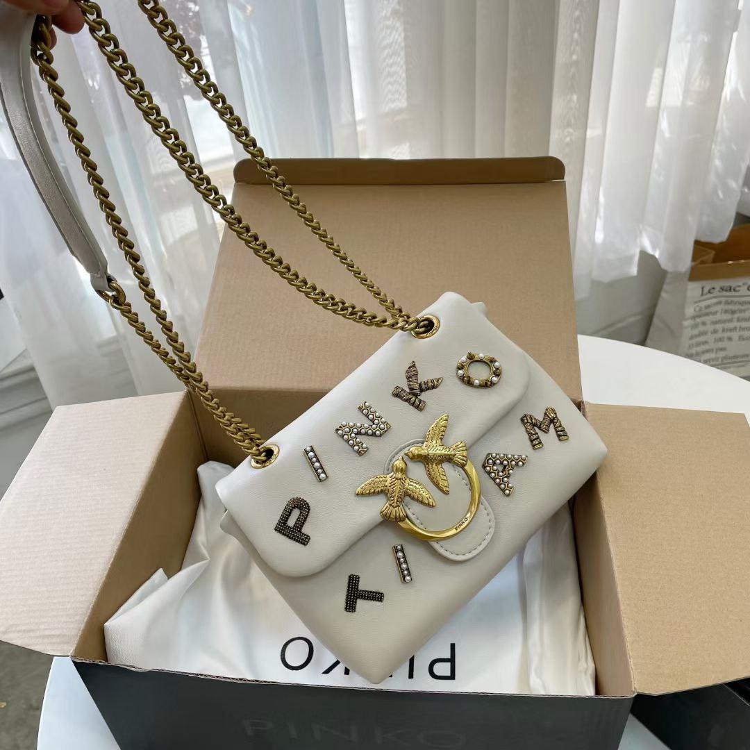 Pinko Embellished Lettering Shoulder Bag with Bird Logo Hardware
